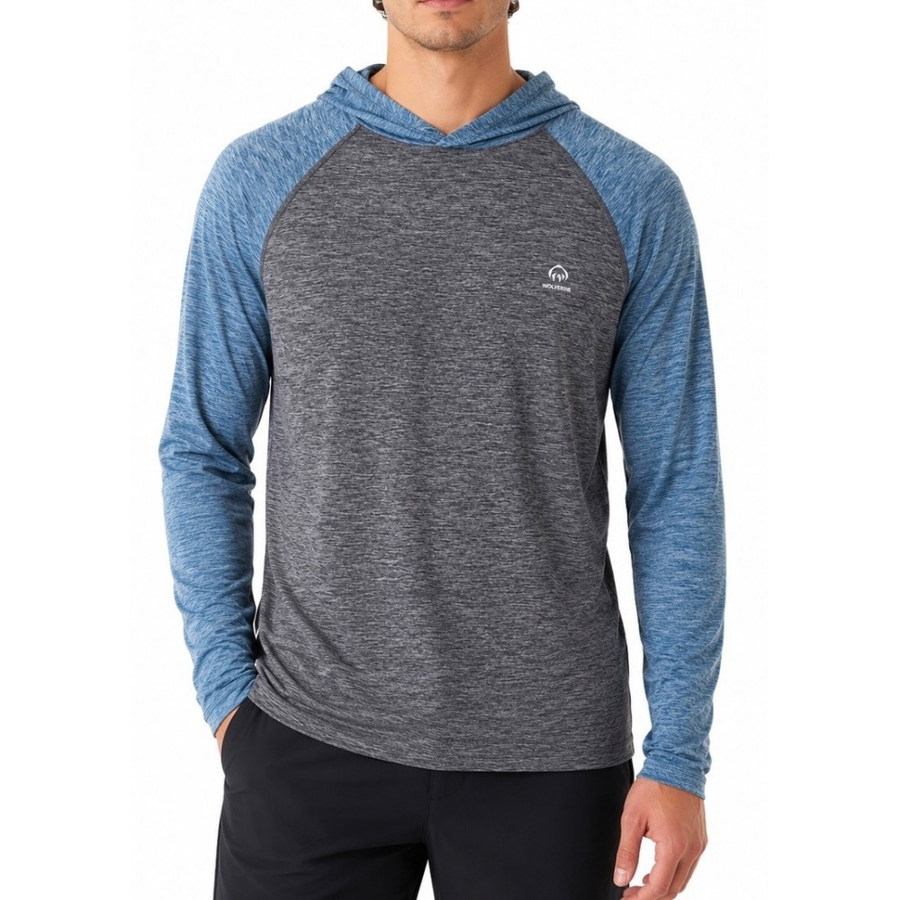 Wolverine Mens Gray Blue Raglan Hoodie Pullover Long Sleeve Athletic Shirt L